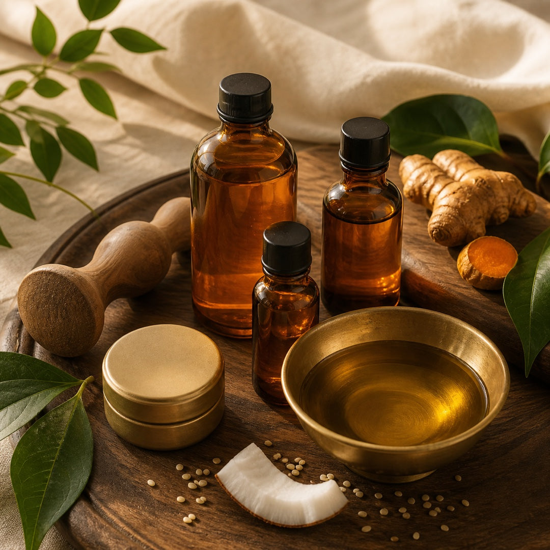 Amber oil bottles, a balm pot, a brass bowl and botanical ingredients