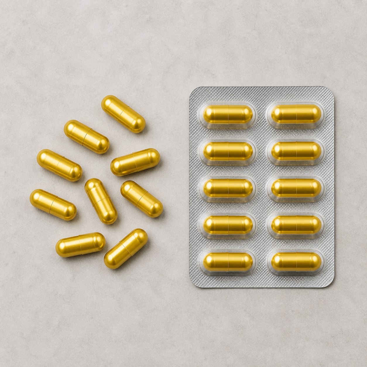Duravin Forte gold capsules and silver blister — top view