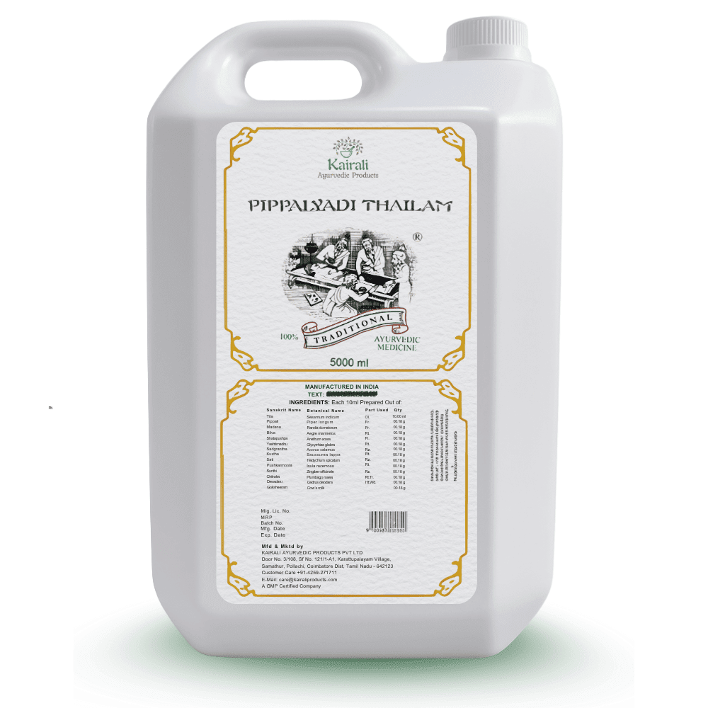 Pippalyadi Thailam 5,000 ml container, front label