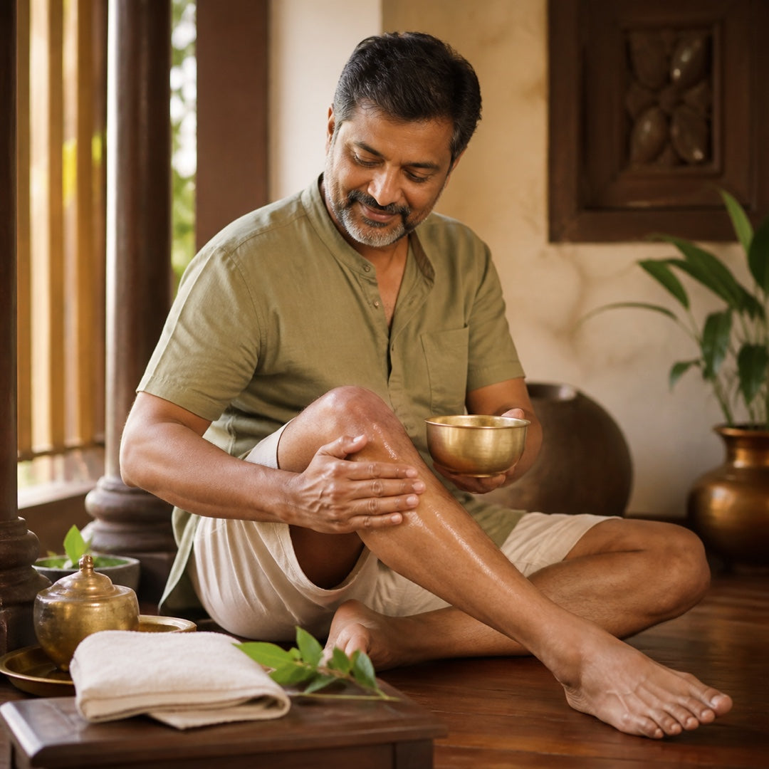 Man applying herbal oil to his knee in a warm, sunlit room