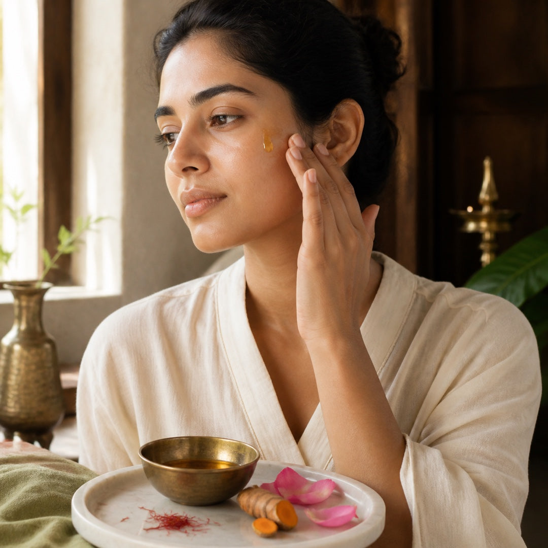 Woman applying a drop of botanical oil to her cheek