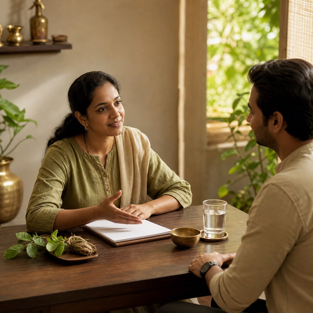 Ayurvedic practitioner speaking with a customer during a consultation
