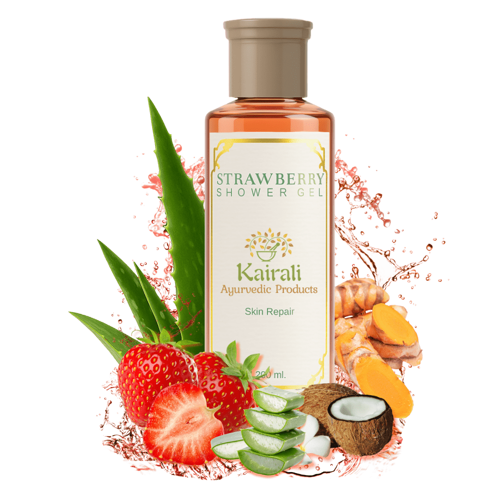 Strawberry Herbal Shower Gel bottle with strawberry and botanical imagery